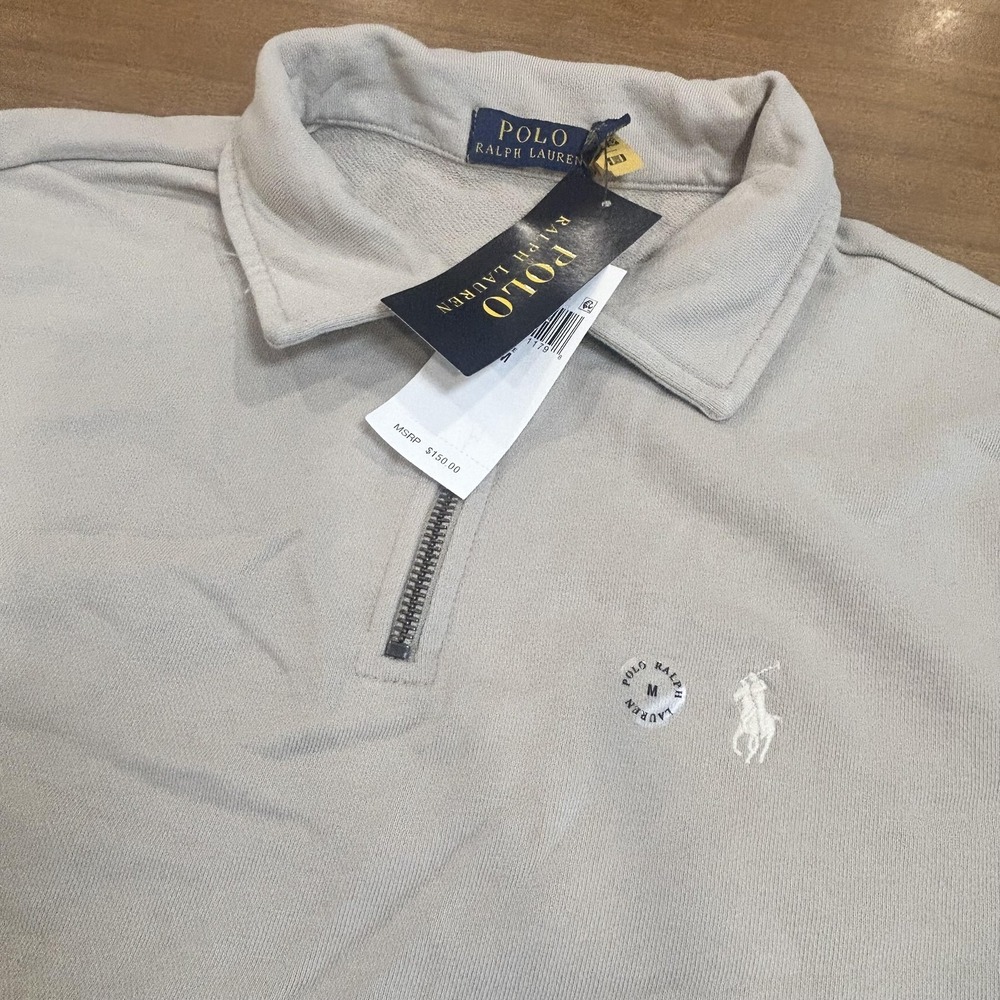 Polo Ralph Lauren Sweater Mens M Beige Quarter Zip Cotton Pullover NWT *SPOT*